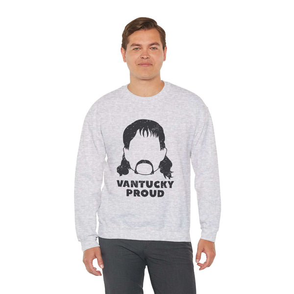 Man wearing Vantucky Proud Rusty McCoy sweatshirt, showcasing resilience and gritty pride of the 'Couve.