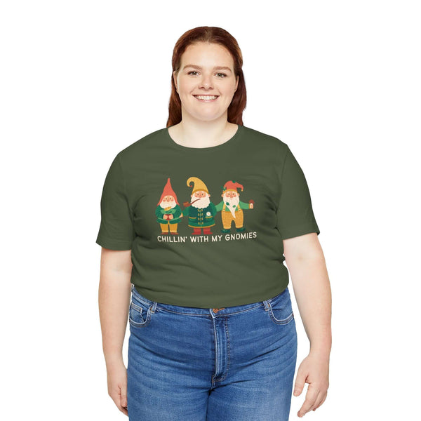 Woman wearing green Chillin' with My Gnomies tee featuring whimsical garden gnomes design.