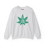 Gray sweatshirt with green marijuana leaf design, featuring text 'I (Weed) THE PNW', perfect for Pacific Northwest enthusiasts.