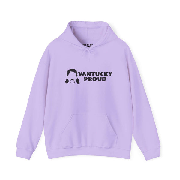 Vantucky Proud Rusty McCoy hoodie in lavender color, featuring bold logo design on front.