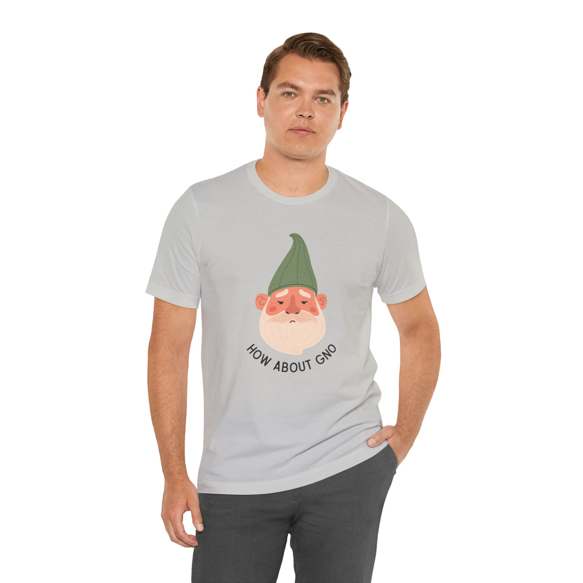 Casual male model wearing How About Gno Premium Soft Tee featuring happy gnome design.