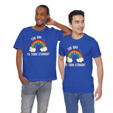 Two models wearing a blue t-shirt with the slogan 'Too Gay to Think Straight' and a rainbow illustration.