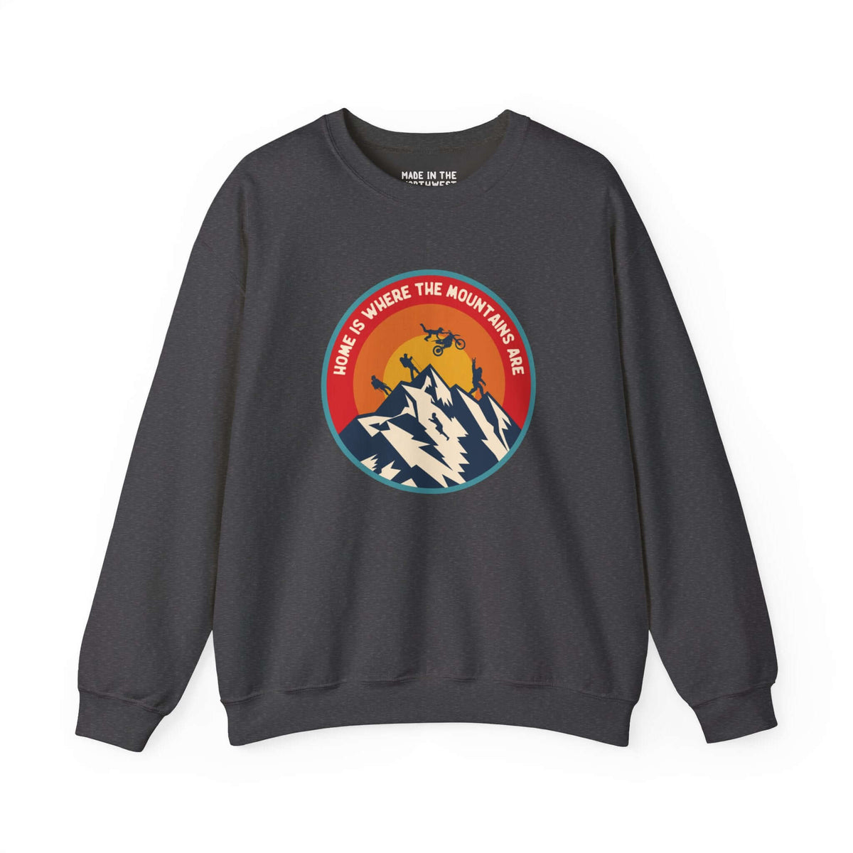 "Home is Where the Mountains Are" sweatshirt with PNW outdoor activities and Bigfoot design.