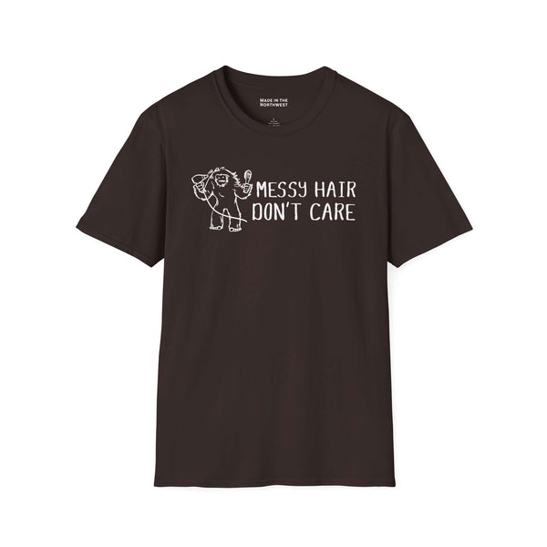 Messy Hair Don't Care Bigfoot T Shirt featuring an unkempt Bigfoot design on a dark t-shirt.