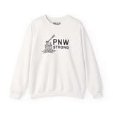 PNW Strong Crewneck Sweatshirt featuring axe-in-stump design, showcasing rugged Pacific Northwest spirit.