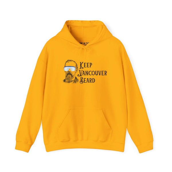 Keep Vancouver Beard hoodie in vibrant yellow featuring a vintage bearded icon and sunglasses design.