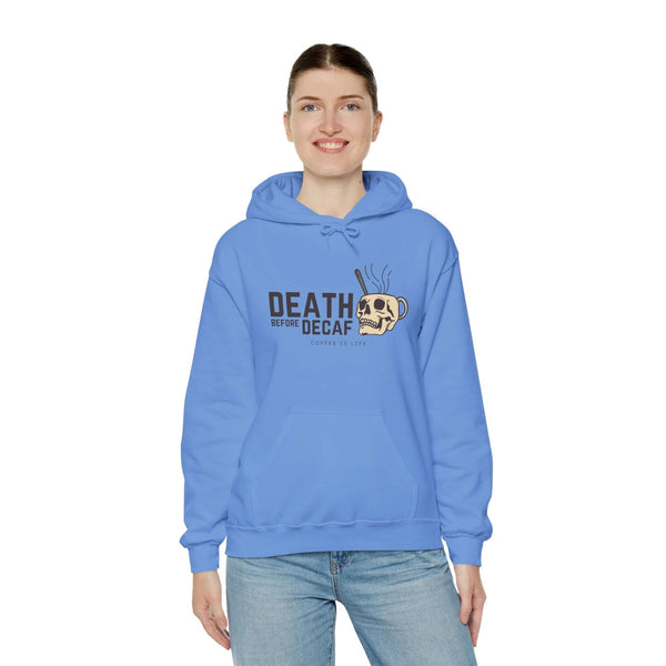 Blue hoodie with 'Death Before Decaf' text and skull coffee mug graphic, perfect for coffee lovers.