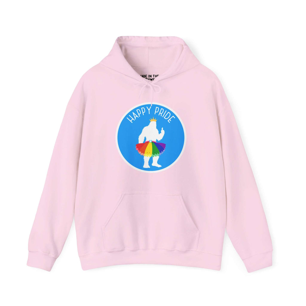 Pink Bigfoot Pride Parade Hoodie with rainbow tutu and "Happy Pride" text, perfect for celebrating Pride events.