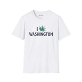 I Marijuana Washington T Shirt featuring a marijuana leaf graphic on a white background.