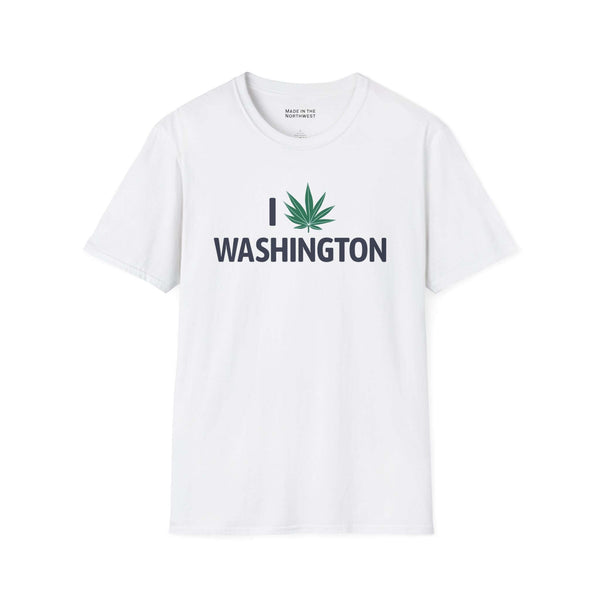 I Marijuana Washington T Shirt featuring a marijuana leaf graphic on a white background.
