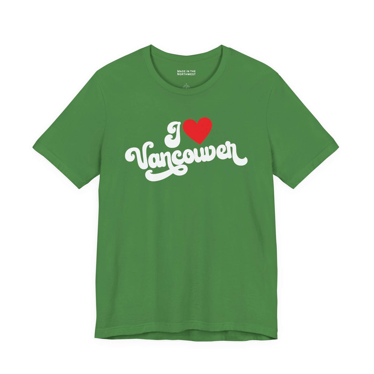 I love Vancouver t shirt in green featuring cursive design with a heart symbol, representing Washington hometown pride.