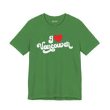 I love Vancouver t shirt in green featuring cursive design with a heart symbol, representing Washington hometown pride.