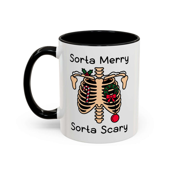 Sorta Merry Sorta Scary Mug featuring a festive ribcage illustration and humorous text.
