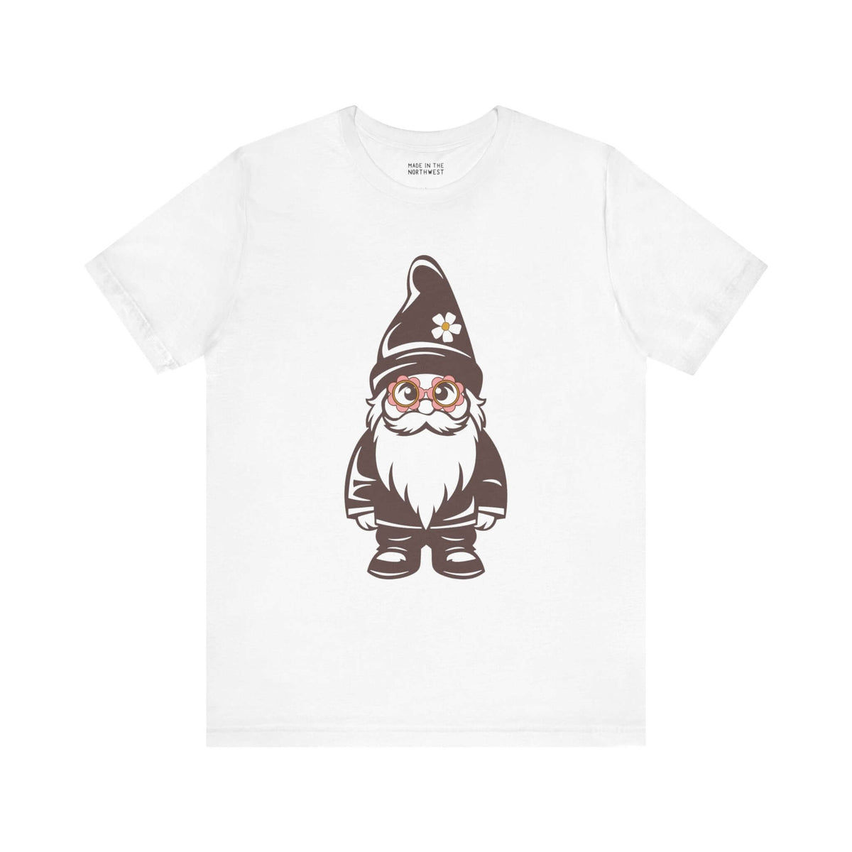 "White tee with hippie gnome wearing daisy glasses and hat, showcasing playful PNW style."