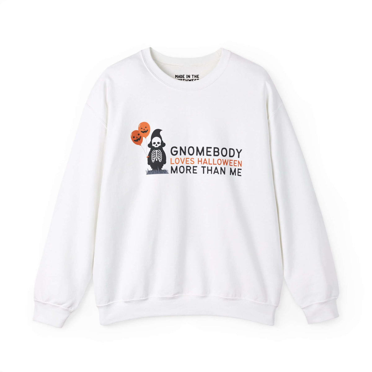 "Gnomebody Loves Halloween More Than Me sweatshirt with skeleton gnome and Halloween balloons"