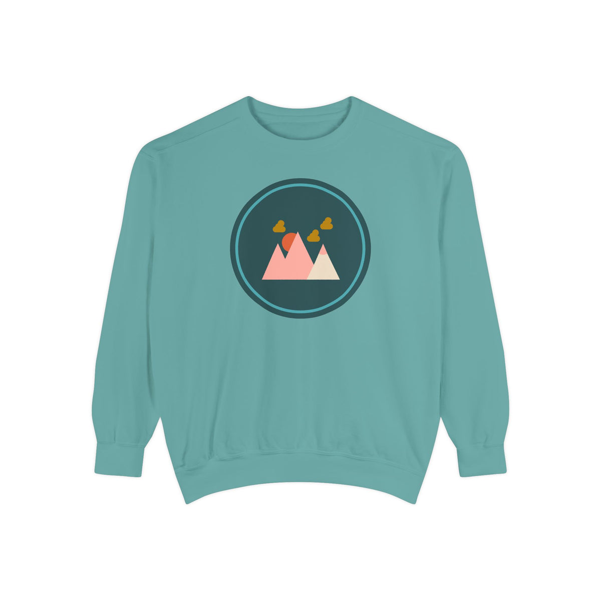 Minimalist Forest in a Northwest Style Garment Dyed Relaxed Sweatshirt in teal with mountain graphic.