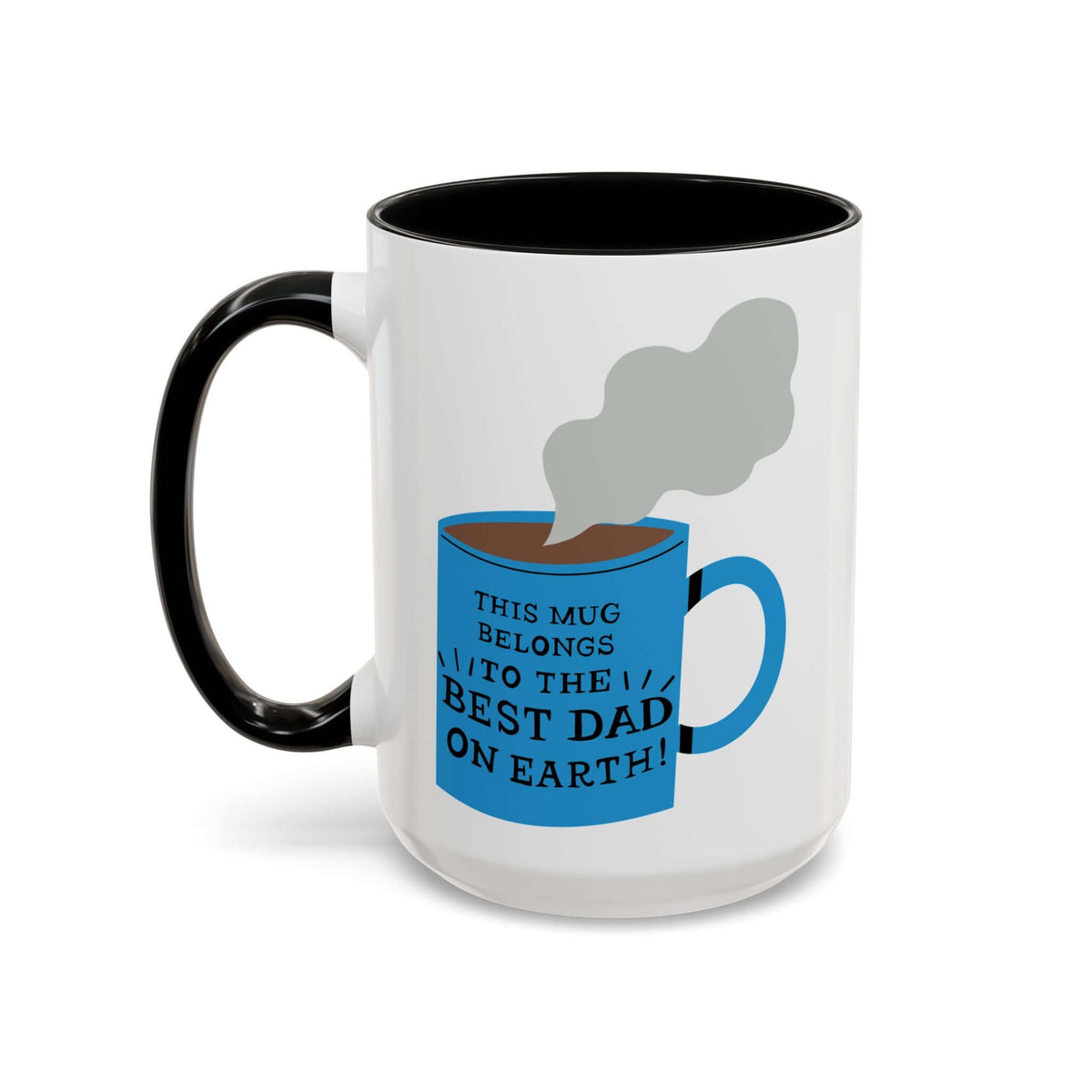Best Dad on Earth Mug with blue steaming design and black handle, perfect for morning coffee.