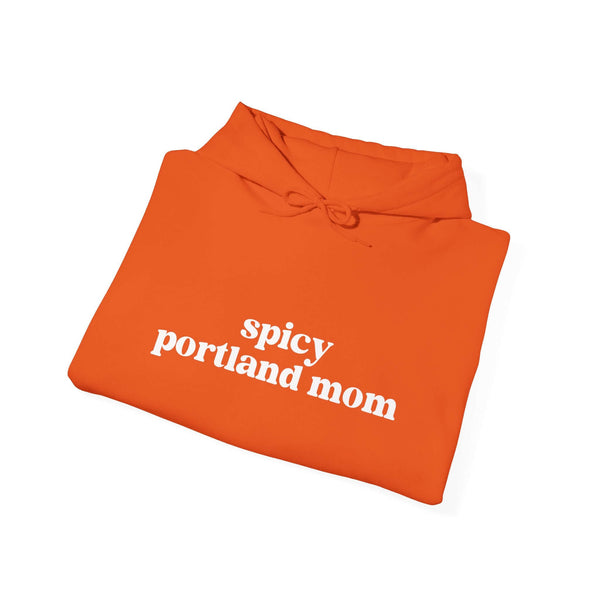 Spicy Portland Mom hoodie in vibrant orange, perfect for stylish, eco-conscious moms.