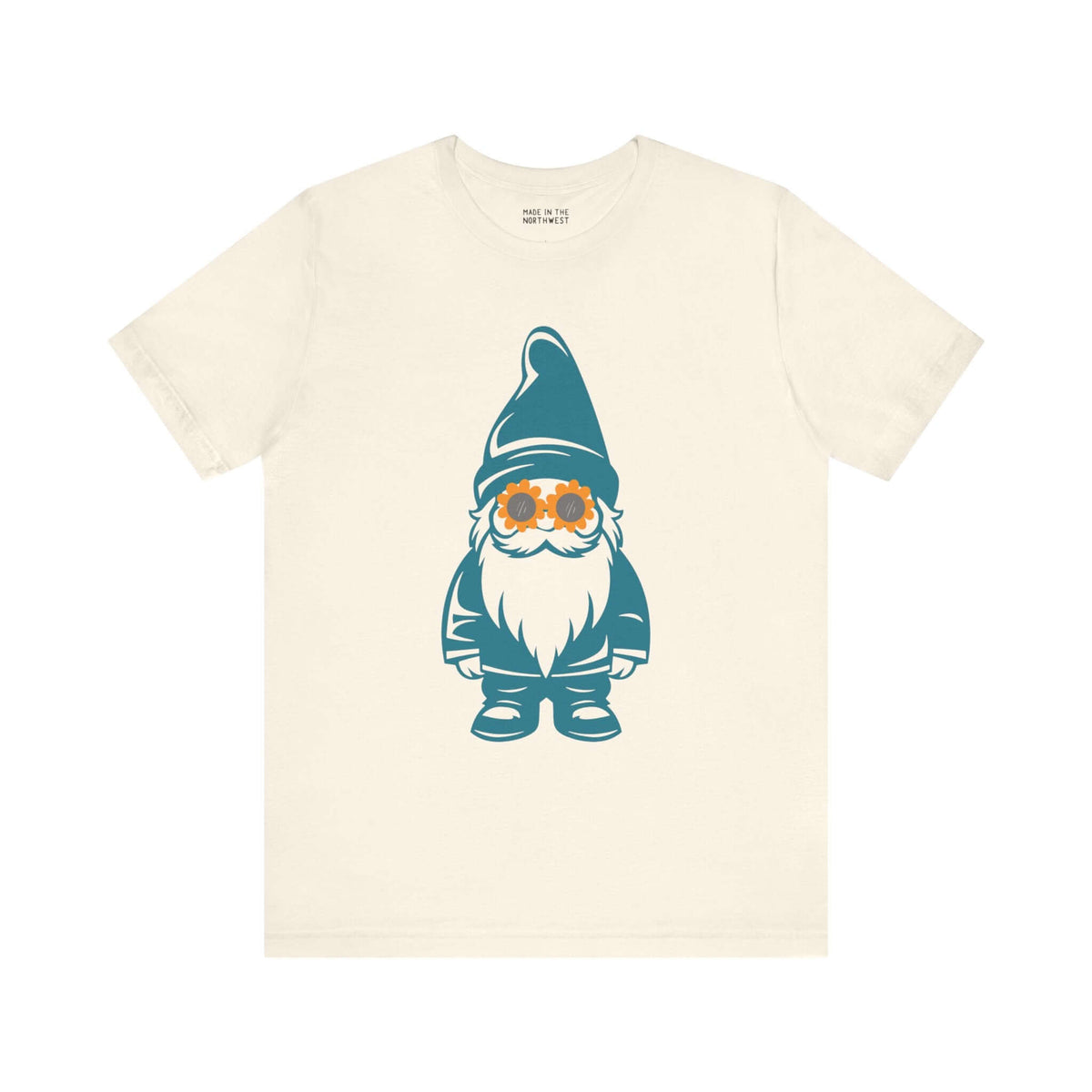 Teal gnome in daisy sunglasses graphic on soft tee, perfect for whimsical PNW-inspired style.