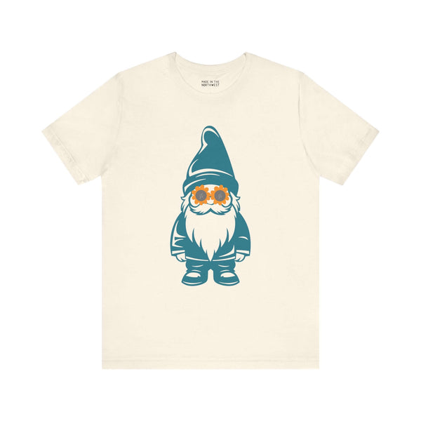 Teal gnome in daisy sunglasses graphic on soft tee, perfect for whimsical PNW-inspired style.