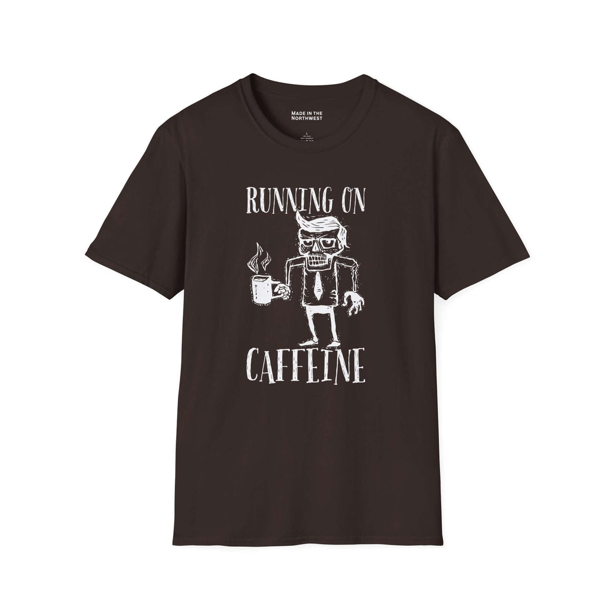 Running on Caffeine T Shirt featuring a quirky design of a frazzled worker with a coffee mug.