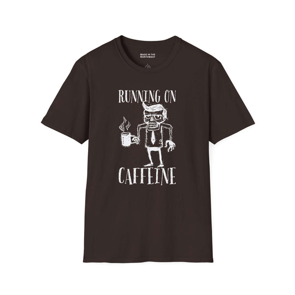 Running on Caffeine T Shirt featuring a quirky design of a frazzled worker with a coffee mug.