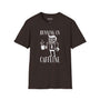Running on Caffeine T Shirt featuring a quirky design of a frazzled worker with a coffee mug.