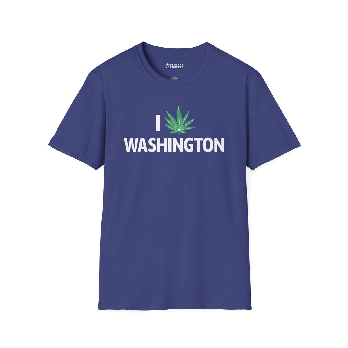 I Marijuana Washington T Shirt in blue with a green marijuana leaf graphic and bold white text.