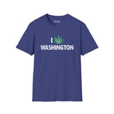I Marijuana Washington T Shirt in blue with a green marijuana leaf graphic and bold white text.