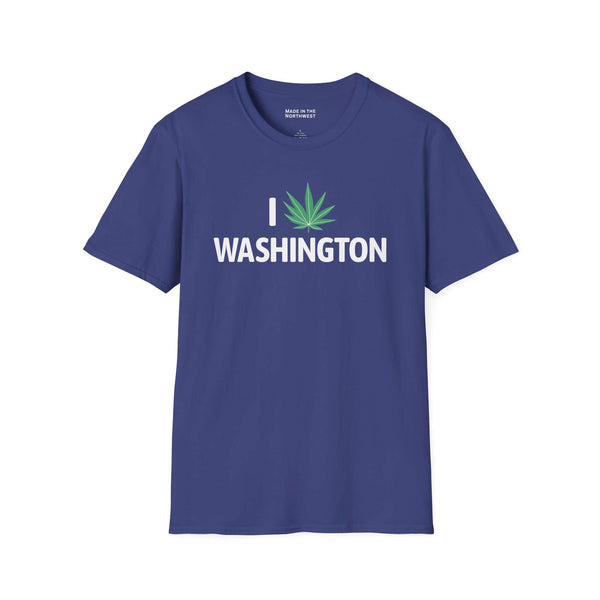 I Marijuana Washington T Shirt in blue with a green marijuana leaf graphic and bold white text.