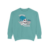 Coffee and Chaos sweatshirt featuring a skeleton holding a coffee cup, perfect for caffeine lovers.