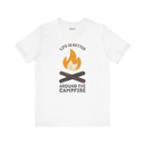 Cozy Campfire Chronicles Premium Soft Tee featuring fire and campfire text design, perfect for outdoor enthusiasts.