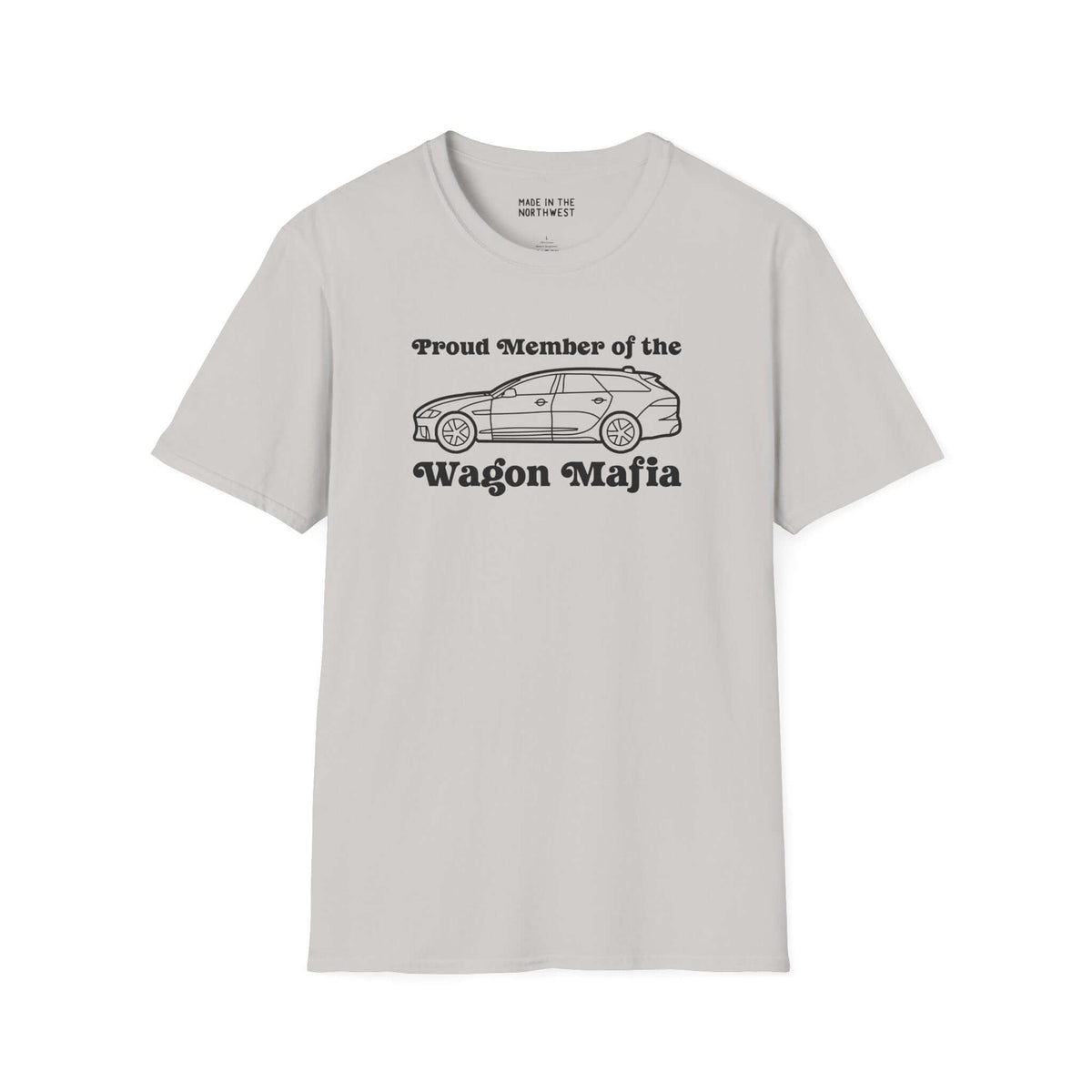 Gray t-shirt featuring 'Proud Member of the Wagon Mafia' graphic, perfect for wagon enthusiasts.