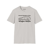Gray t-shirt featuring 'Proud Member of the Wagon Mafia' graphic, perfect for wagon enthusiasts.
