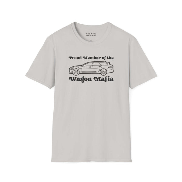 Gray t-shirt featuring 'Proud Member of the Wagon Mafia' graphic, perfect for wagon enthusiasts.