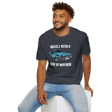 Man wearing Muscle with a Side of Mayhem T-shirt featuring a blue 1967 Ford Mustang GT Fastback.