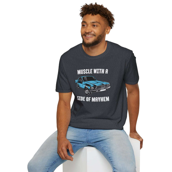 Man wearing Muscle with a Side of Mayhem T-shirt featuring a blue 1967 Ford Mustang GT Fastback.