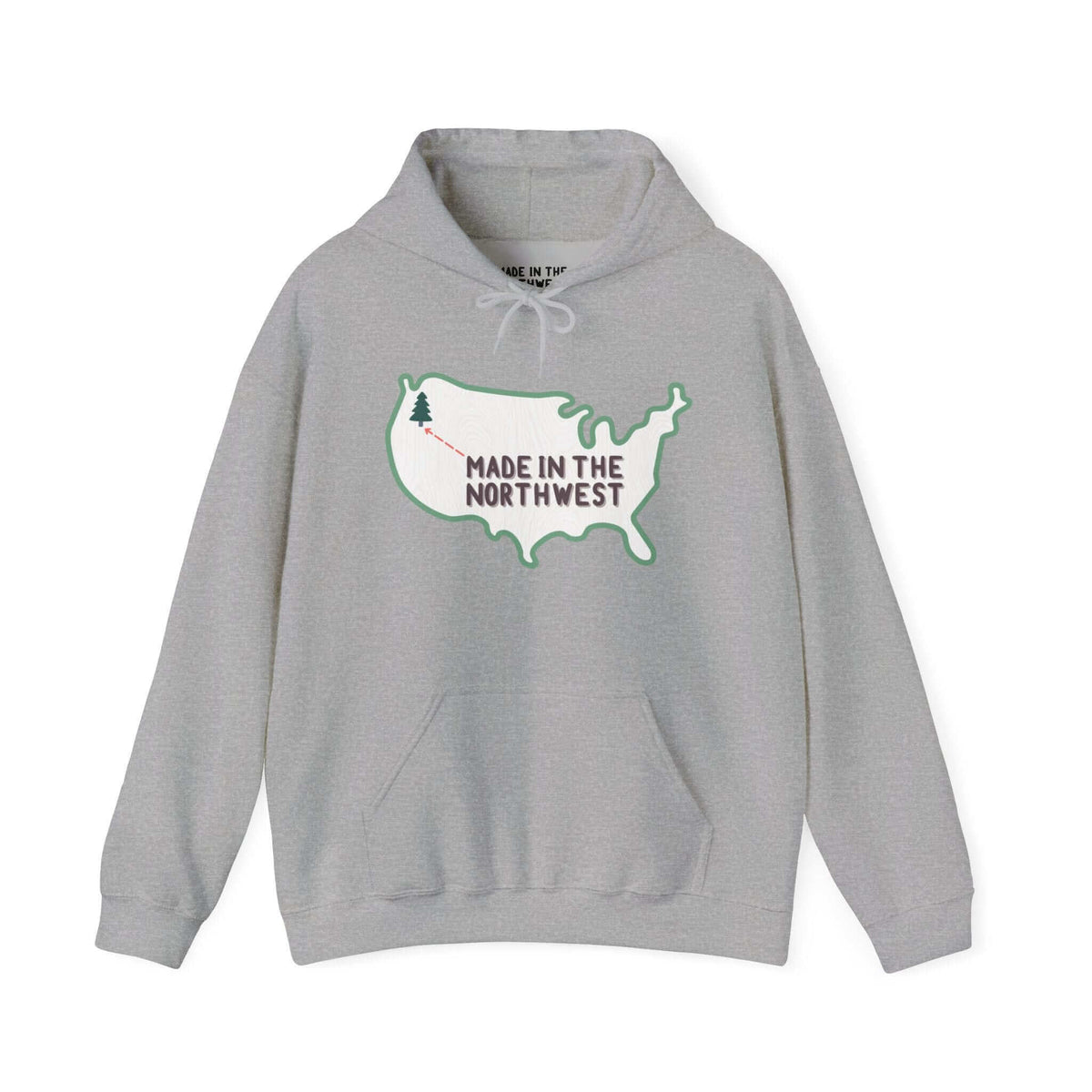 Evergreen is Where It's At Hoodie Show your love for the Pacific Northwest with our exclusive "Evergreen is Where it's At" hooded sweatshirt. This design features the woodgrain United States with a tree marking the PNW location, highlighted by an arrow an