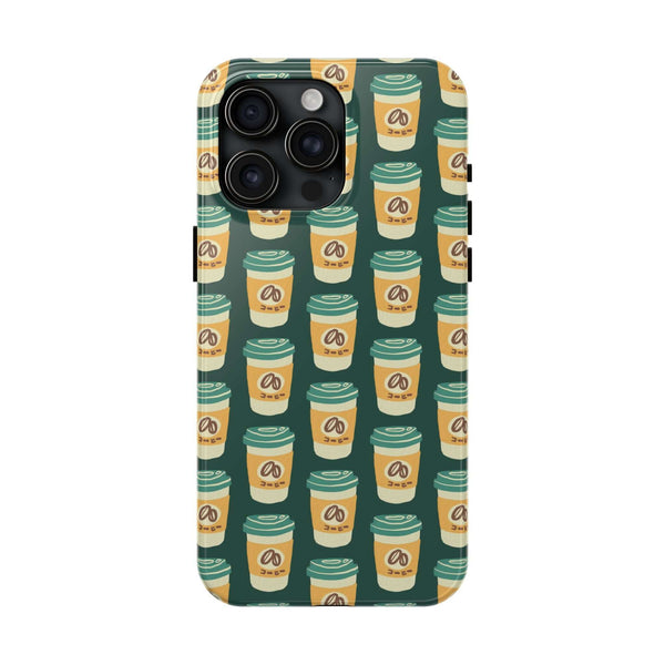 East Meets Roast phone case featuring a pattern of to-go coffee cups, blending style and coffee culture.