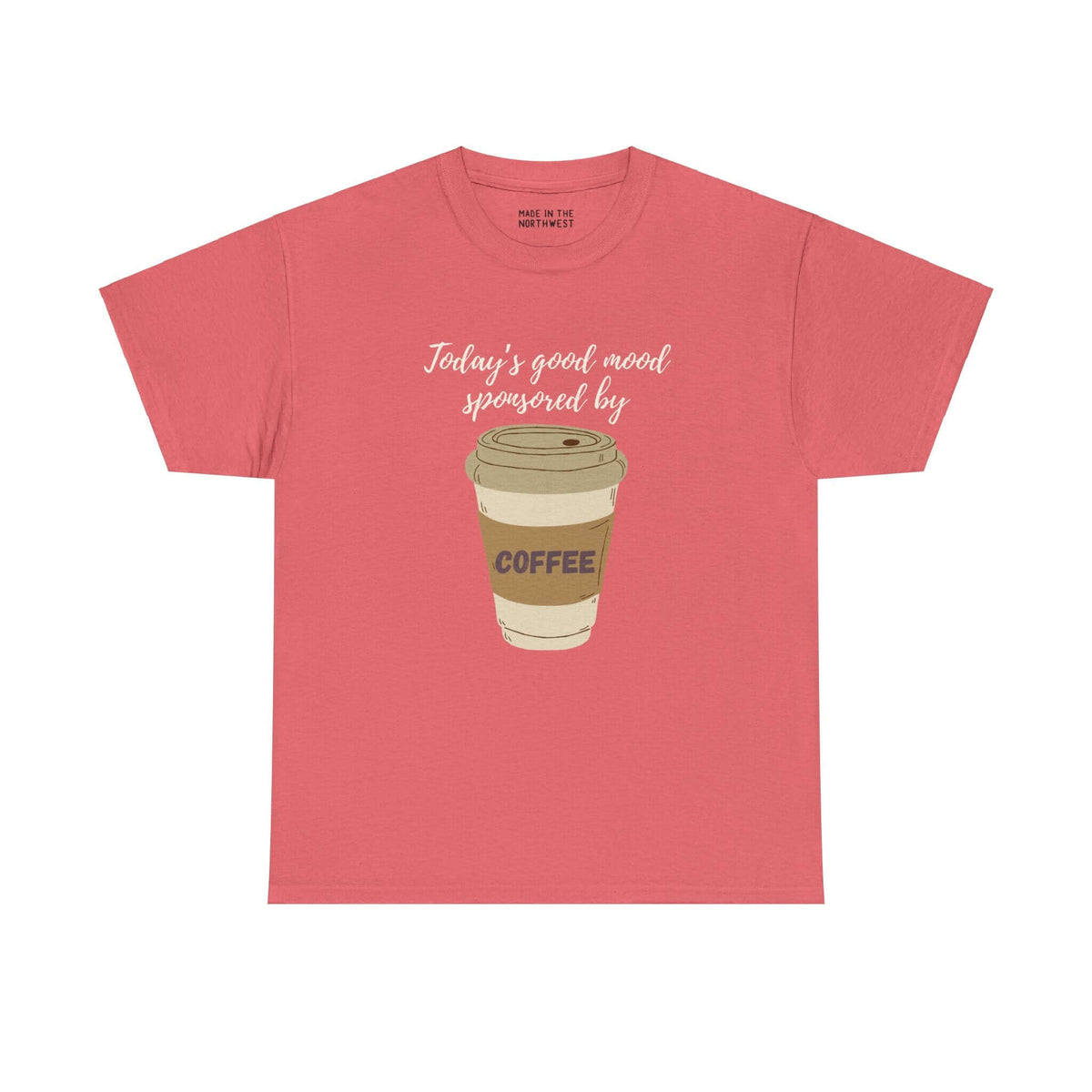 Pink athletic tee with 'Today's Good Mood Sponsored By Coffee' and a coffee cup design, perfect for coffee lovers.