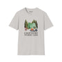 Camp More Worry Less unisex softstyle t-shirt featuring a watercolor campsite graphic and forest design.
