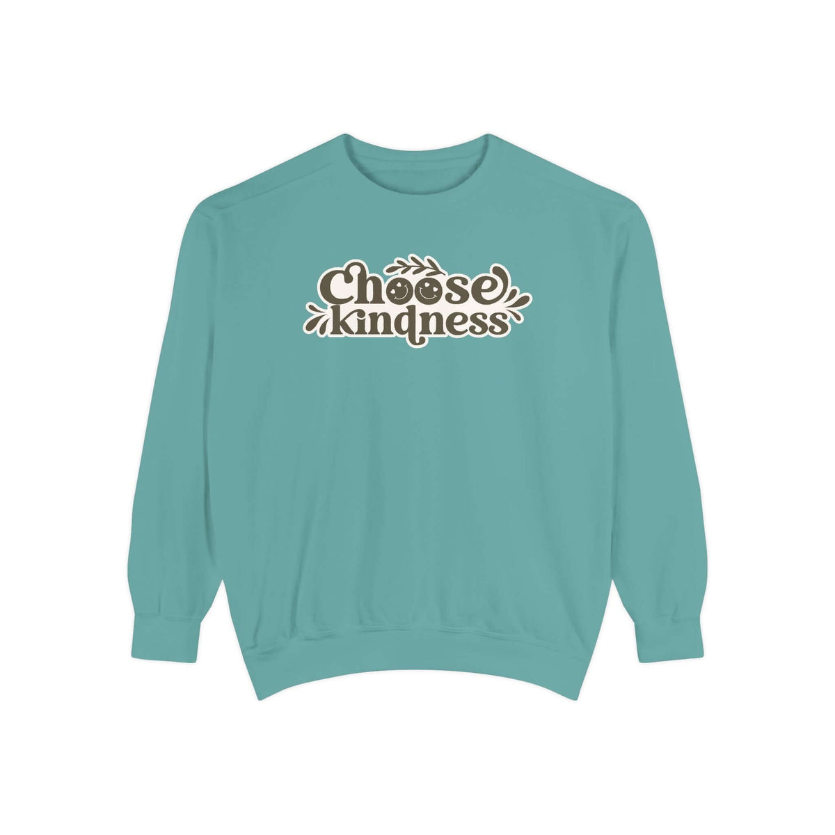 A cozy Choose Kindness sweatshirt in teal color with vintage-inspired typography.