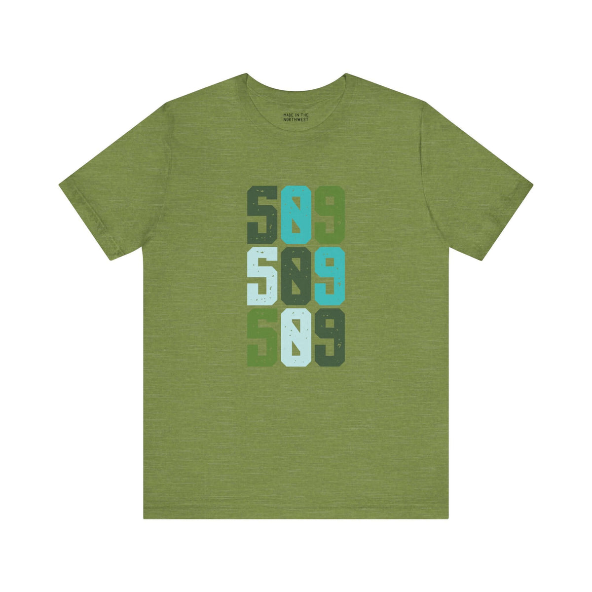 Five-Oh-Nine Pop Premium Soft Tee in green with vibrant stacked 509 design representing Eastern Washington pride.