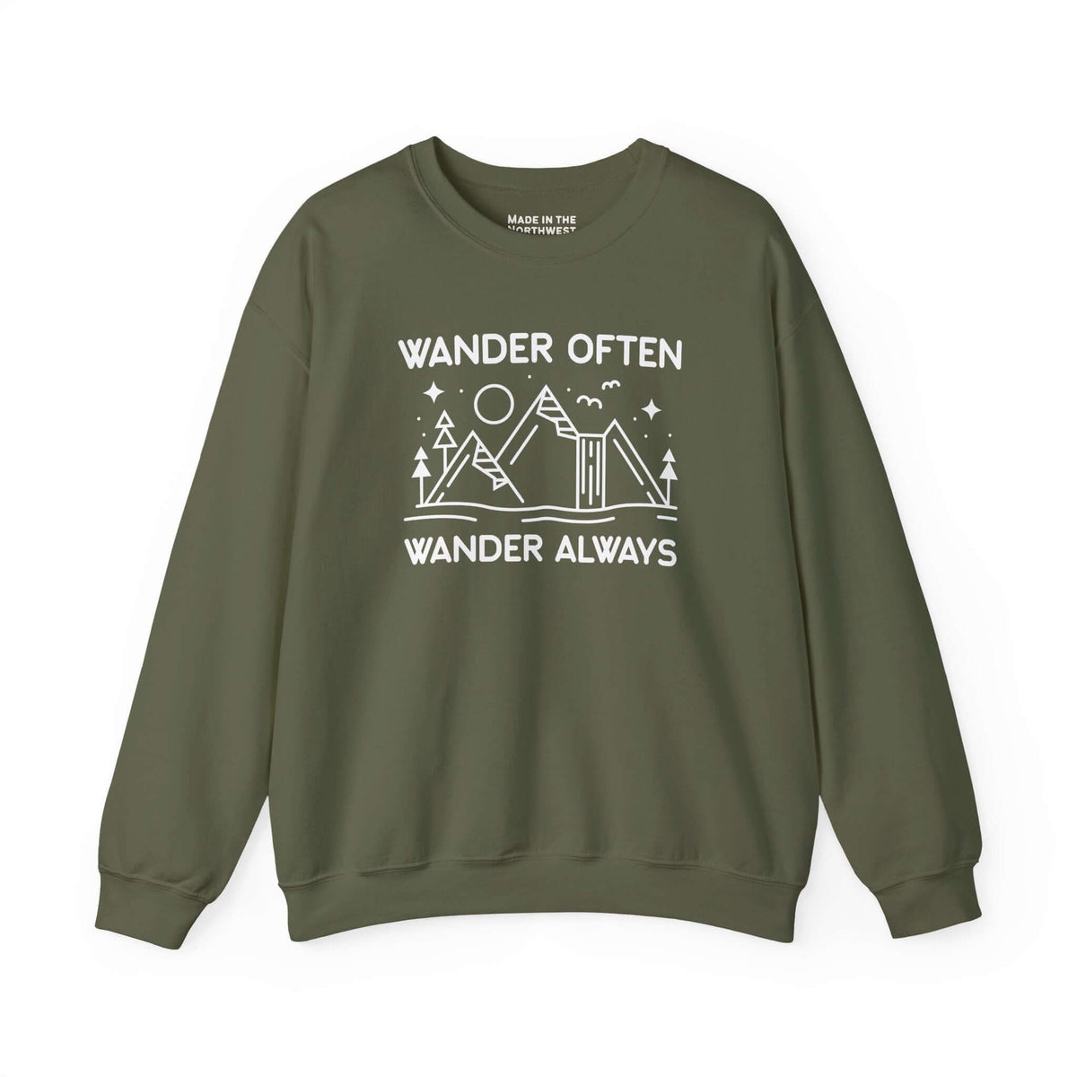 Wander Often Wander Always Sweatshirt featuring minimalist mountain and tent design on olive green crewneck.