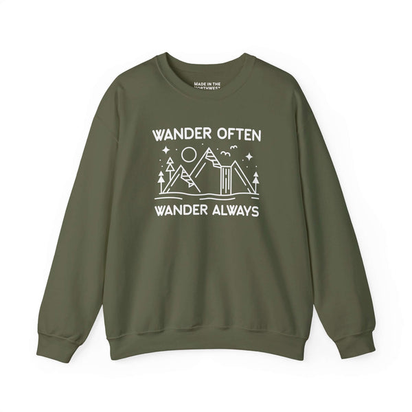 Wander Often Wander Always Sweatshirt featuring minimalist mountain and tent design on olive green crewneck.