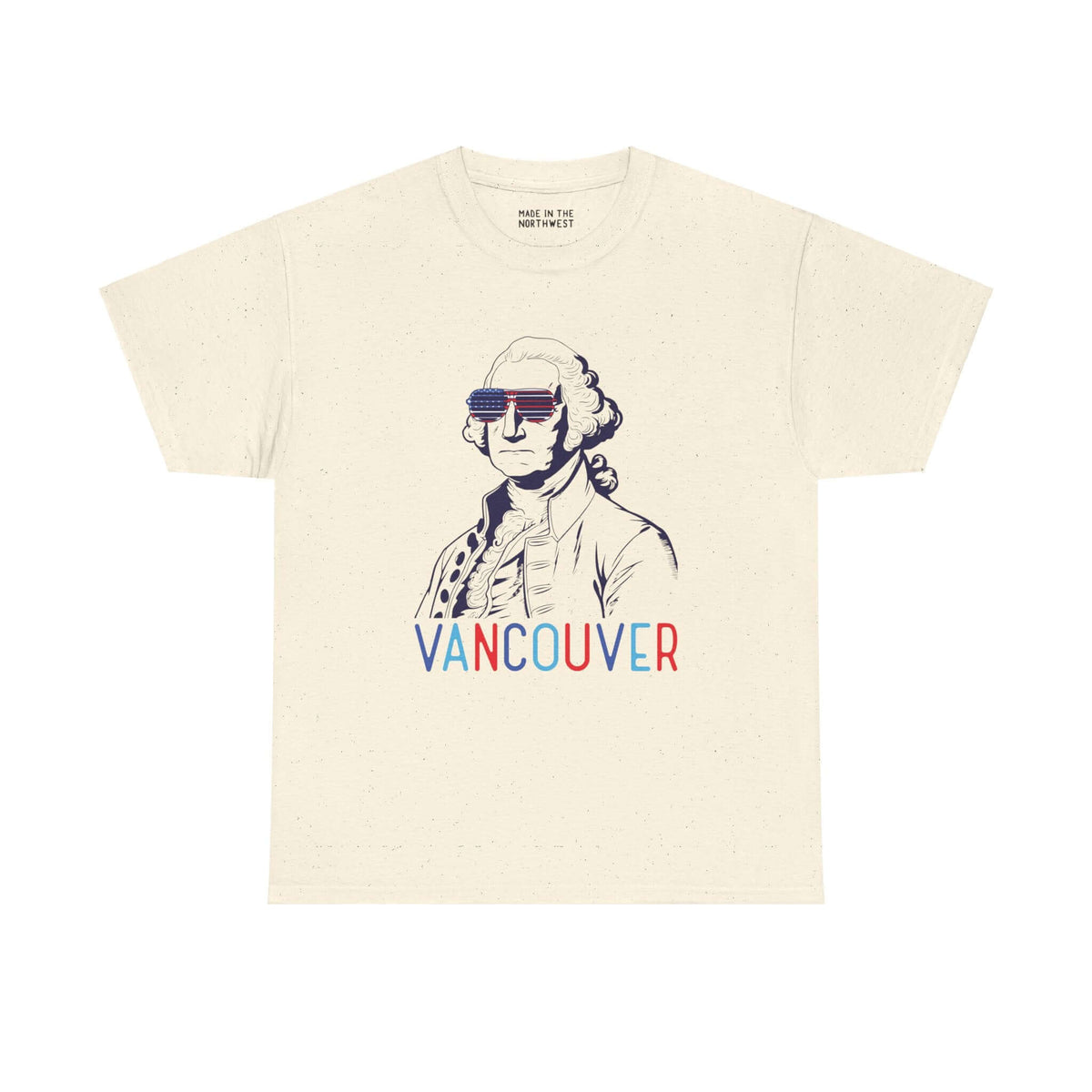 George Vancouver tee with USA sunglasses and "Vancouver" text in patriotic colors, perfect for Fourth of July celebrations.