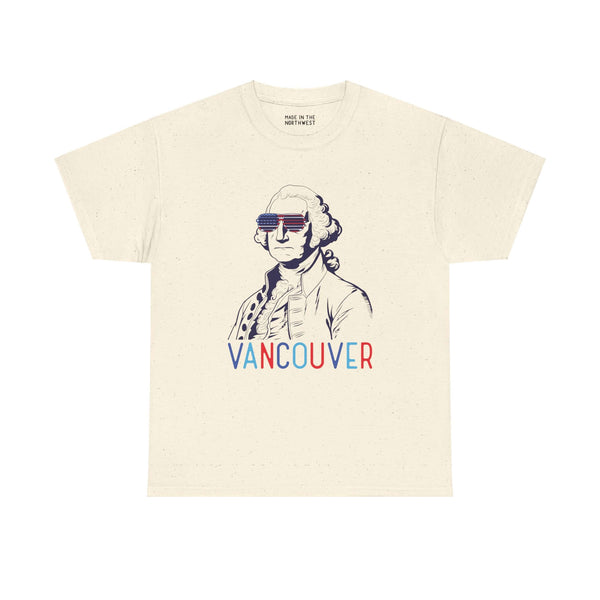 George Vancouver tee with USA sunglasses and "Vancouver" text in patriotic colors, perfect for Fourth of July celebrations.