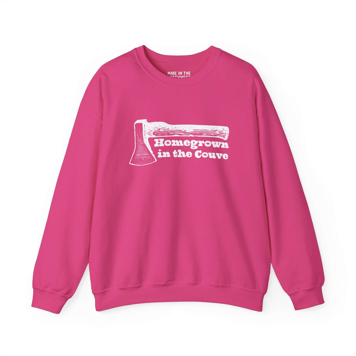 Pink "Homegrown in the Couve" sweatshirt with illustrated axe graphic, showcasing local Vancouver pride and Pacific Northwest style.