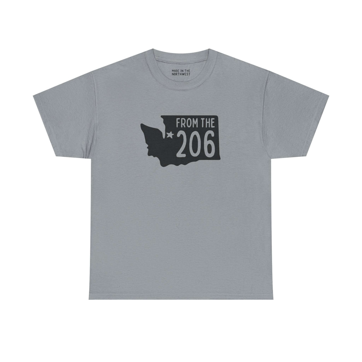 Light gray Washington state tee featuring 'From the 206' design and star marking Seattle.