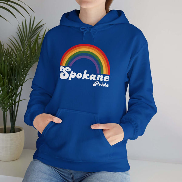 Spokane Pride hoodie in blue with a rainbow design celebrating love and inclusivity in the LGBTQ+ community.